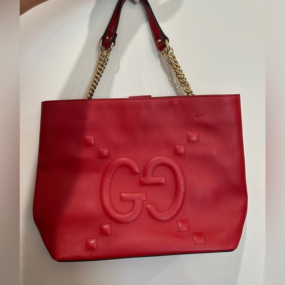 Gucci Apollo GG embossed red leather tote bag purse gold chair strap 11.75x6.75” - Picture 2 of 16